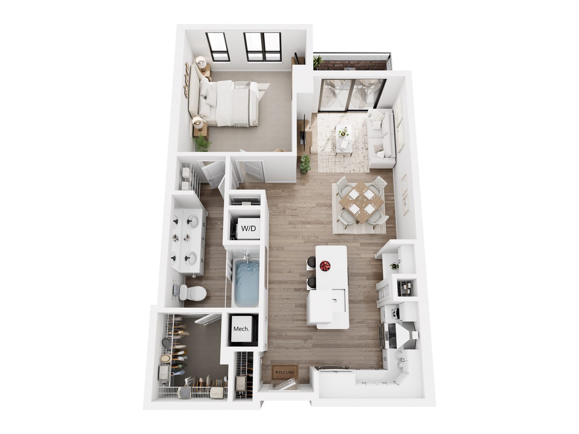 A top down view of a small apartment with a kitchen, living room, and bathroom.